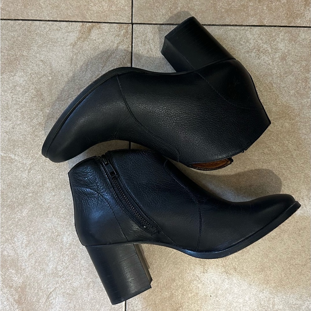 Frye Black Leather Ankle Booties with Block Heel